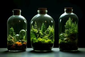 delicato bicchiere bottiglia con verde ecosistema. creare ai foto