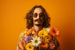 hippie uomo con baffi e mazzo di colorato fiori. creare ai foto