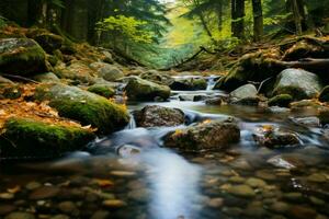 nature abilità artistica vicino su di un' foresta ruscello con autunno tonalità ai generato foto