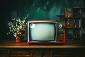 un' intravedere di il passato retrò rosso tv nel un' ancora vita composizione ai generato foto
