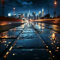 notturno viaggio lato Visualizza asfalto strada sotto città luci nel il notte per sociale media inviare dimensione ai generato foto