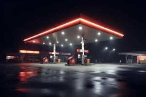 gas e olio stazione a notte nel il nebbia. 3d interpretazione illustrazione. ai generato foto