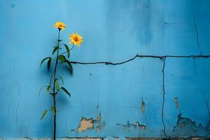 blu piatto parete con fiore su il lato ai generativo foto