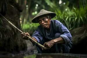 indonesiano uomo opera come contadino ai generativo foto