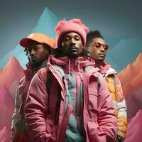 gruppo di uomini indossare colorato giacca e Borsa a montagna ai generativo foto