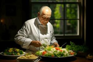 maschio capocuoco cucinando a ristorante ai generativo foto