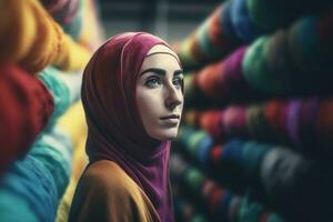 donna indossare hijab nel tessuto negozio. creare ai foto