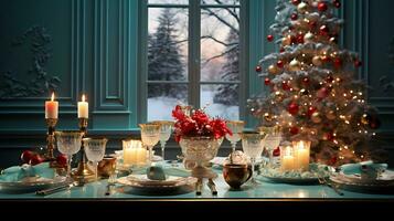 un' tavolo con Natale bellissimo decorazioni e candele generato di ai foto