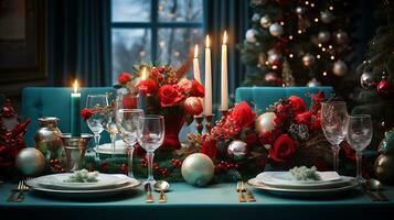 un' tavolo con Natale bellissimo decorazioni e candele generato di ai foto