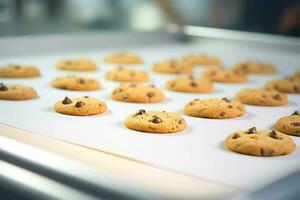 cioccolato biscotti produzione forno linea fabbrica. creare ai foto