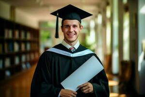 contento alunno nel accappatoio con la laurea diploma. creare ai foto