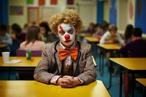 ragazzo clown a scuola palcoscenico trucco. creare ai foto