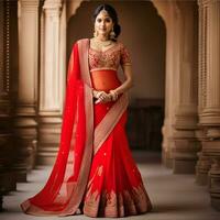 bellissimo indiano sposa nel rosso lehenga guardare a il telecamera, tradizionale indiano nozze, generativo ai foto