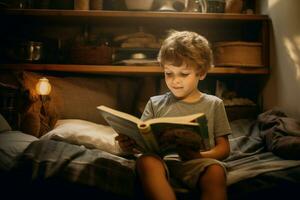 carino poco ragazzo lettura libro a casa Camera da letto. creare ai foto