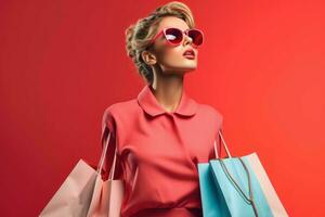 donna con shopping borse su rosso sfondo. creare ai foto