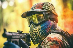 persona giocando paintball pistola. creare ai foto