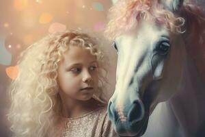 Magia Riccio rosa unicorno con poco ragazza. creare ai foto