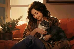 bellissimo donna petting carino gatto su divano. creare ai foto