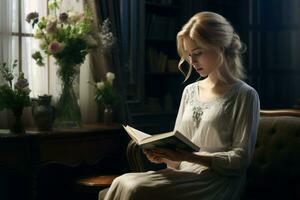 giovane donna lettura libro a casa interno a poltrona. creare ai foto