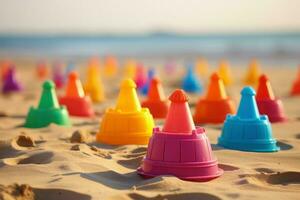 colorato plastica sabbia giocattoli su estate spiaggia. creare ai foto