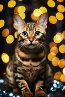 Natale Bengala gatto intrecciate nel vacanza luci sfondo con vuoto spazio per testo foto