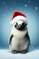 Natale imperatore pinguino pulcino nel Santa cappello in mezzo neve isolato su un' pendenza sfondo foto