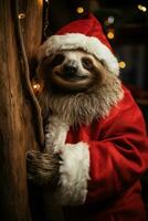 bradipo nel Santa costume sospeso a partire dal festosamente decorato vacanza albero ramo foto