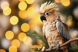 Natale cacatua arroccato su festosamente decorato ramo sfondo con vuoto spazio per testo foto