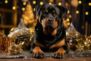 rottweiler detiene oro festa cracker pronto per celebrare il nuovo anno foto