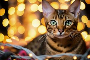 Bengala gatto intrecciate nel Natale luci incarnando il vacanza spirito foto