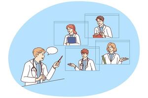 maschio medico parlare su webcam con colleghi foto