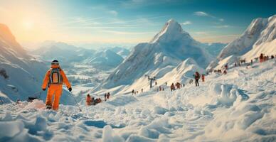 camminare nel inverno montagne, nevoso passeggiate - ai generato Immagine foto