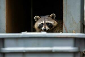 curioso procione scrutare su di urbano spazzatura può - natura documentario avvicinamento con bokeh e naturale leggero - ai generato foto