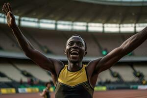 trionfante atleta attraversamento finire linea con braccia sollevato nel vittoria a stadio - gli sport azione tiro - ai generato foto