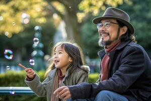 padre e figlia scherzosamente soffiaggio bolle nel parco con bokeh effetto - infanzia gioia e amore - ai generato foto