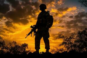 in piedi forte - un' patriottico soldato silhouette contro un' vivace tramonto cielo - ai generato foto