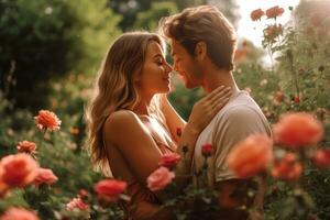 Gli amanti abbraccio per tenero bacio nel sereno parco con lussureggiante verdura e fioritura fiori, caldo e intimo momento - ai generato foto