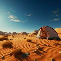 serenità di il sabbie campeggio isolato nel deserti silenzioso vastità, rimosso a partire dal civiltà per sociale media inviare dimensione ai generato foto