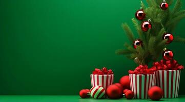 3d reso Natale albero ornato con i regali sfondo ai generativo foto