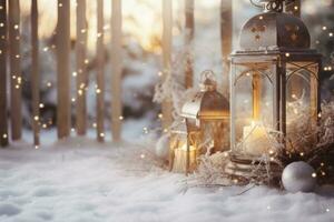 Natale bianca decorazioni su neve con abete albero rami e Natale luci inverno decorazione ai generativo foto