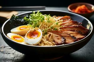 giapponese tonkotsu ramen ciotola su cena tavolo a ristorante, ai generativo foto