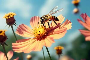 avvicinamento di un' Comune fuco ape volare raccolta polline a partire dal un' giardino cosmo albero nel un' campo, ai generativo foto