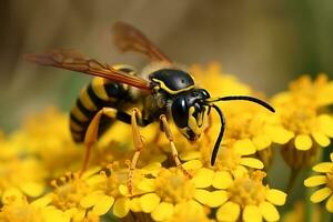 avvicinamento su il Comune vespa su un' giallo fiore, ai generativo foto