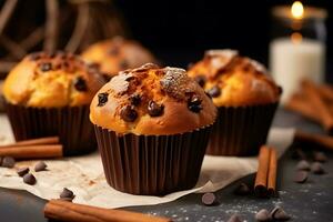 delizioso muffin con cioccolato patatine fritte e cannella, ai generativo foto