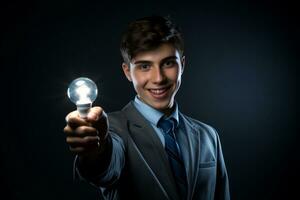 un' uomo con leggero lampadina creativo attività commerciale idea simbolo tenuto di un' mano ai generativo foto