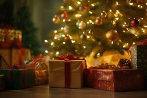 allegro Natale albero con i regali e ornamenti ai generativo foto