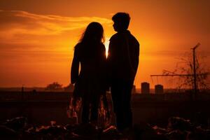 silhouette di contento giovane coppia a parco in piedi e ridendo ai generativo foto