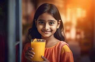 carino indiano ragazza con arancia succo. creare ai foto