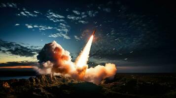 terrificante balistico missile striature attraverso il cielo.. generativo ai foto