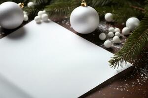 ai generativo. vuoto saluto carta con Natale palle e abete rami su di legno sfondo foto